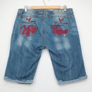 Y2K Apple Bottoms Jeans Sz 13/14 Denim Bermuda Shorts Red Embroidery Vintage
